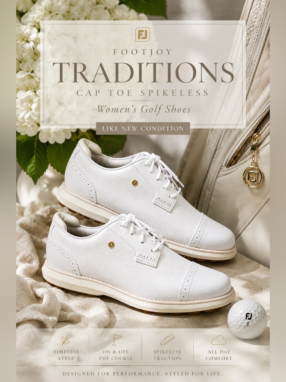 FootJoy Traditions Cap Toe Spikeless Golf Shoes White Women’s Size 7